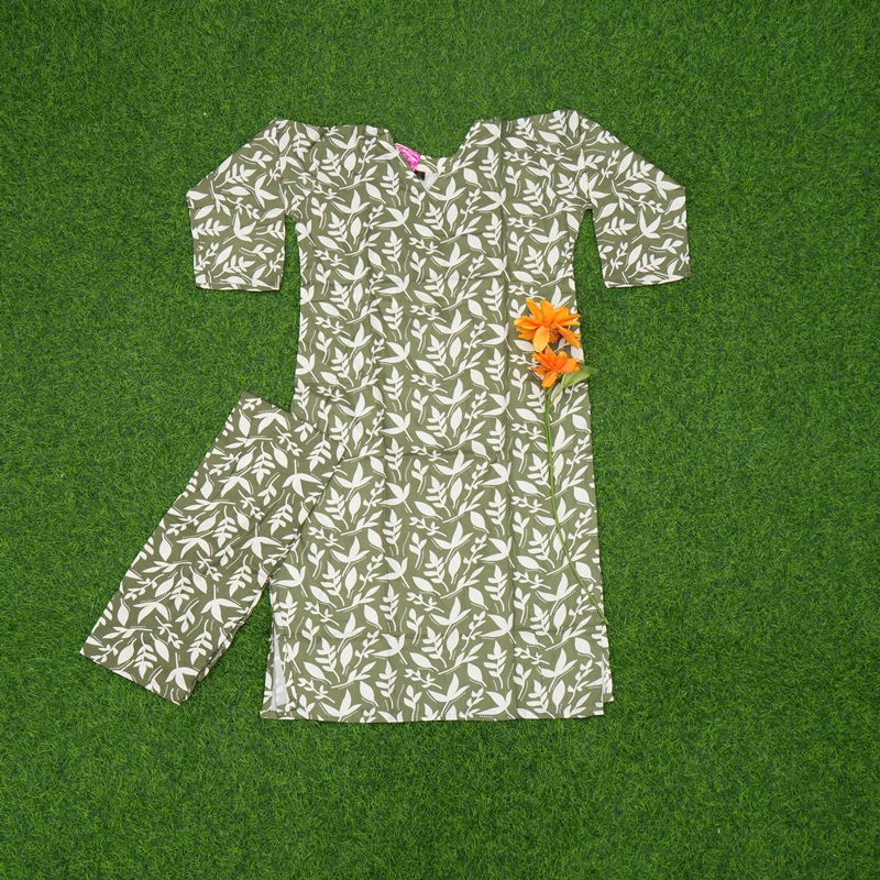 Green and White Color Botanical Leaf Printed Ethnic Co-ord Set