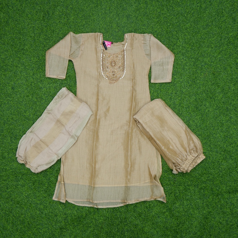 Pale Gold Color Tissue Silk Embroidered 3-Piece Designer Dress