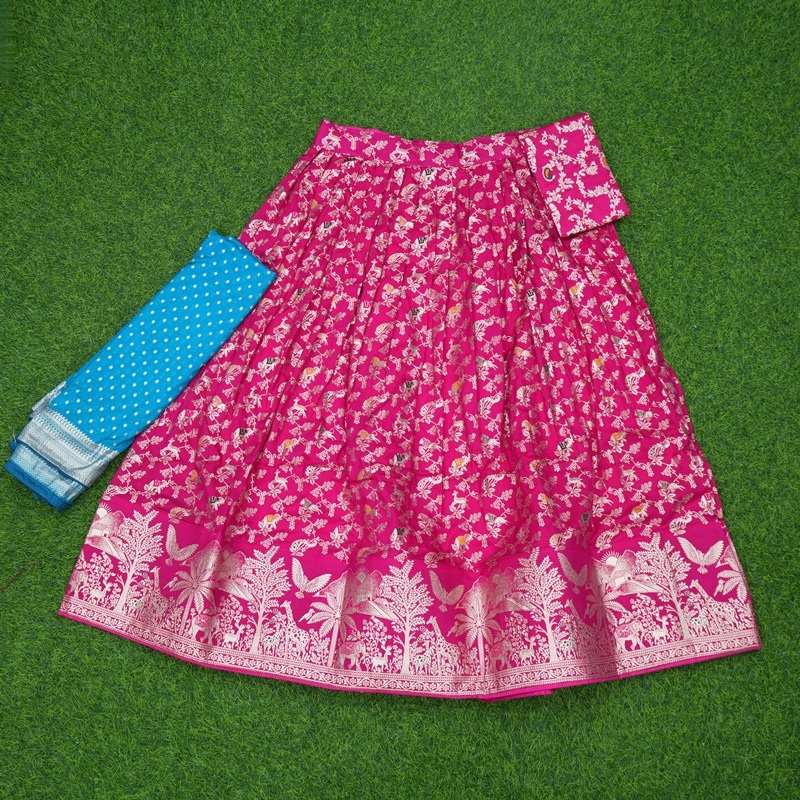 Rani Pink and Sky Blue Color Banarasi Silver Zari Border Traditional Half Saree