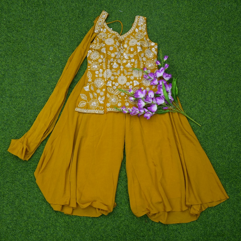 Mustard Yellow Color Georgette Floral Embroidered Designer Sharara Set