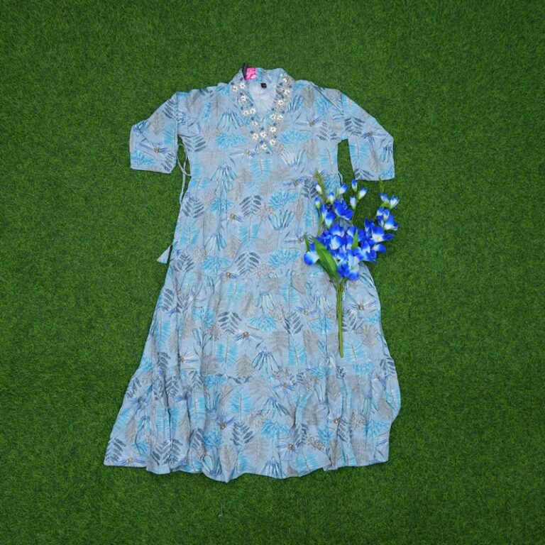 Blue Color Floral Print Embroidered Anarkali Long Frock