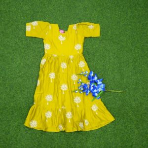 Parrot Green Color Floral Block Print Designer Long Frock