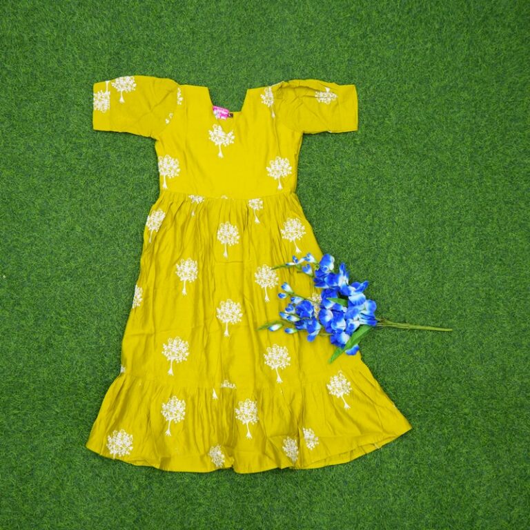 Parrot Green Color Floral Block Print Designer Long Frock