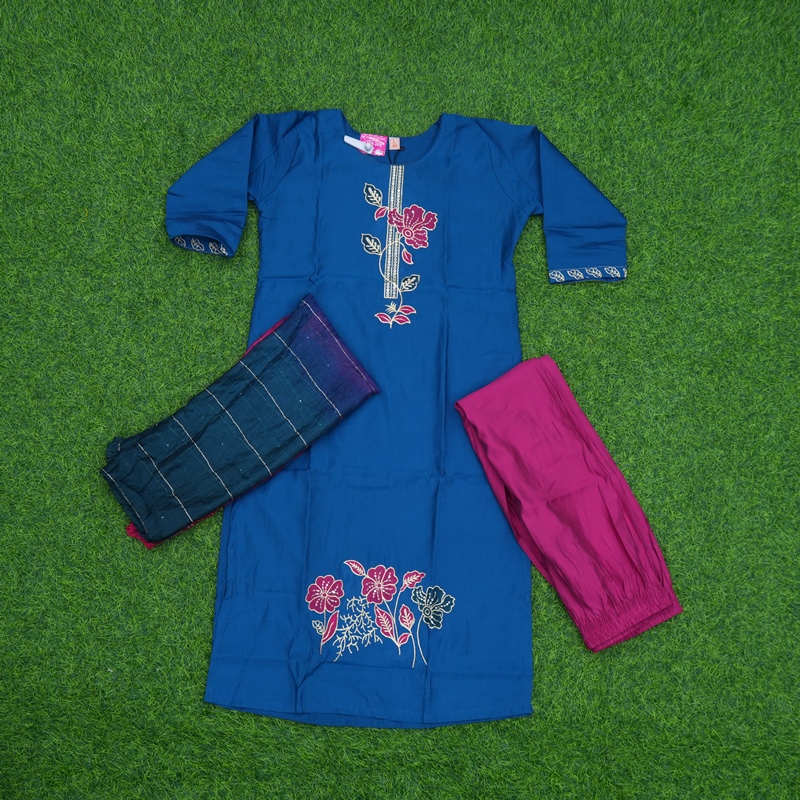 Blue and Pink Color Floral Embroidered 3-Piece Designer Dress