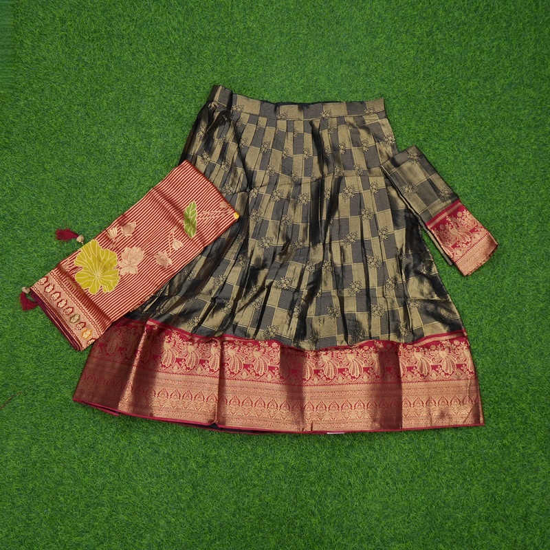 Olive Gray and Maroon Color Banarasi Floral Motifs Traditional Half Saree