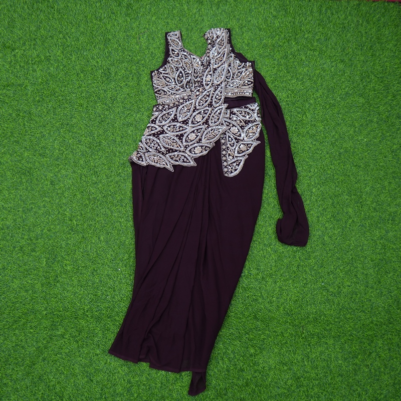 Coffee Brown Color Ready-to-Wear Indo-Western Saree with Embroidered Leaf-Pattern