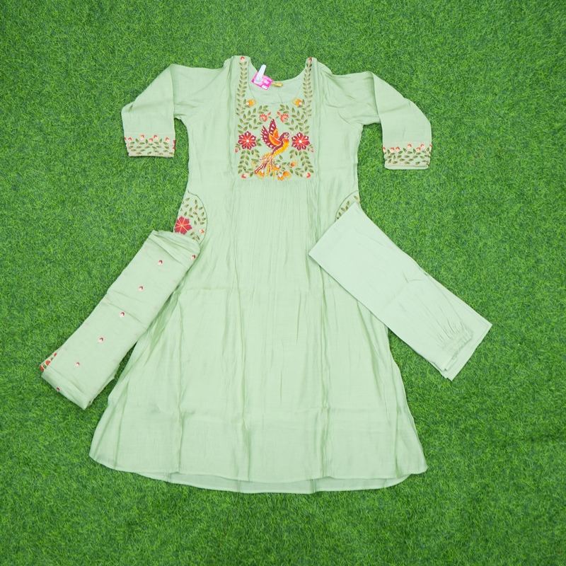Pista Green Color Floral Embroidered Anarkali 3-Piece Designer Dress