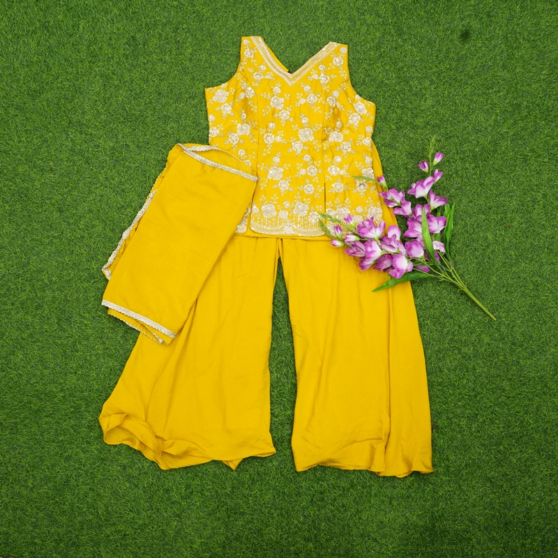 Yellow Color Georgette Floral Embroidered Designer Sharara Set