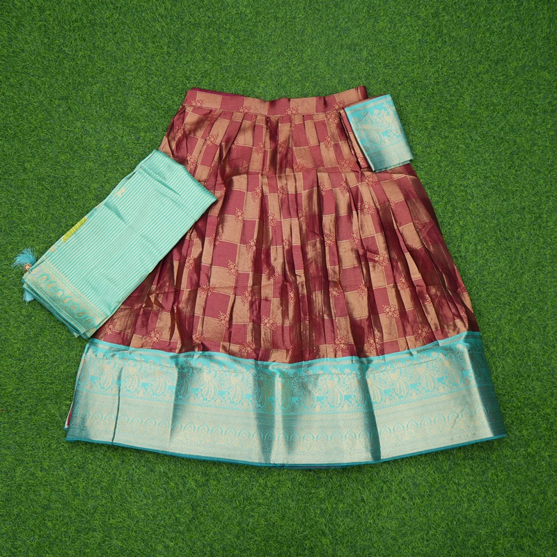 Maroon and Sea Green Color Banarasi Floral Motifs Traditional Half Saree