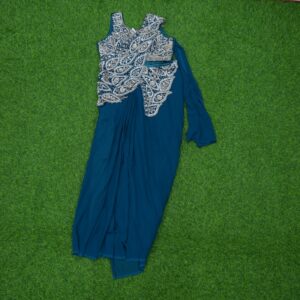 11 2240 Peacock Blue Color Ready-to-Wear Indo-Western Saree with Embroidered Leaf-Pattern