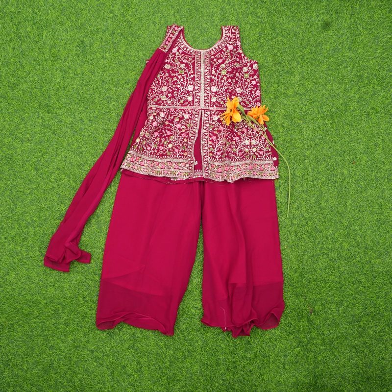 Rani Pink Color Georgette Floral Embroidered Designer Sharara Set