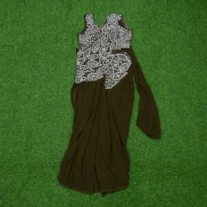 12 2240 Mehendi Green Color Ready-to-Wear Indo-Western Saree with Embroidered Leaf-Pattern