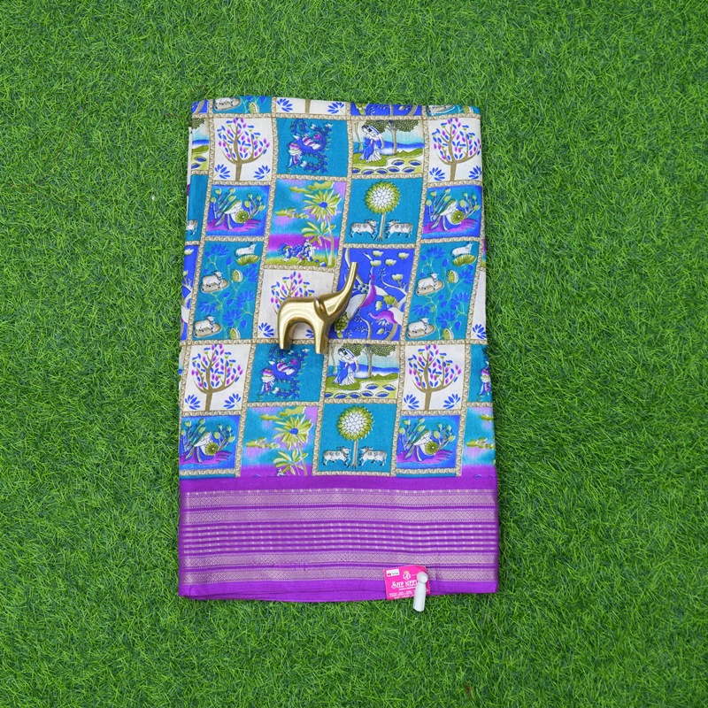 Sky Blue and Purple Color Traditional Pichwai Printed Saree