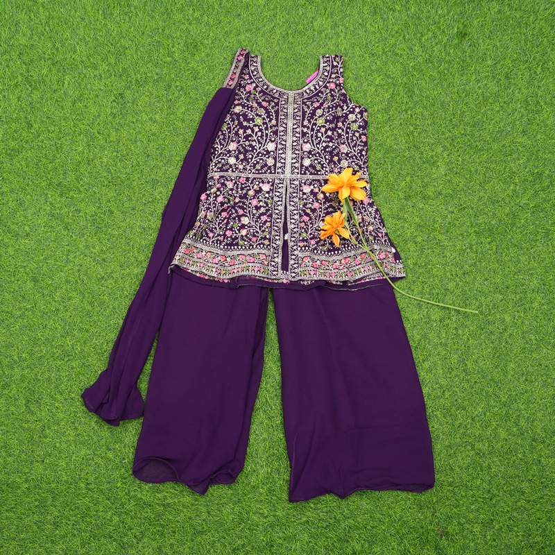 Violet Color Georgette Floral Embroidered Designer Sharara Set