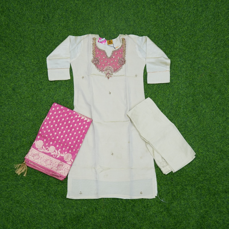 Cream and Pink Color Floral Embroidered Banarasi 3-Piece Designer Dress