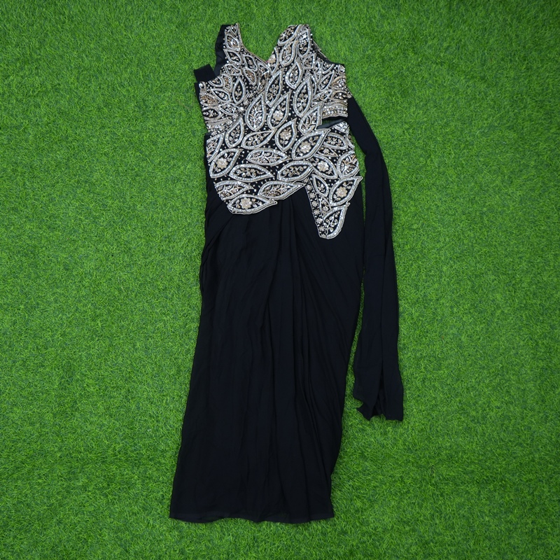 Black Color Ready-to-Wear Indo-Western Saree with Embroidered Leaf-Pattern