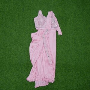 14 2480 Baby Pink Color Ready-to-Wear Indo-Western Saree With Embroidered Blouse