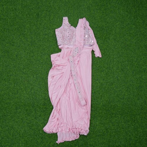 Baby Pink Color Ready-to-Wear Indo-Western Saree With Embroidered Blouse