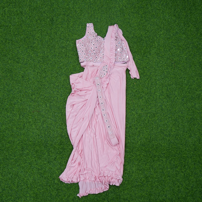 Baby Pink Color Ready-to-Wear Indo-Western Saree With Embroidered Blouse