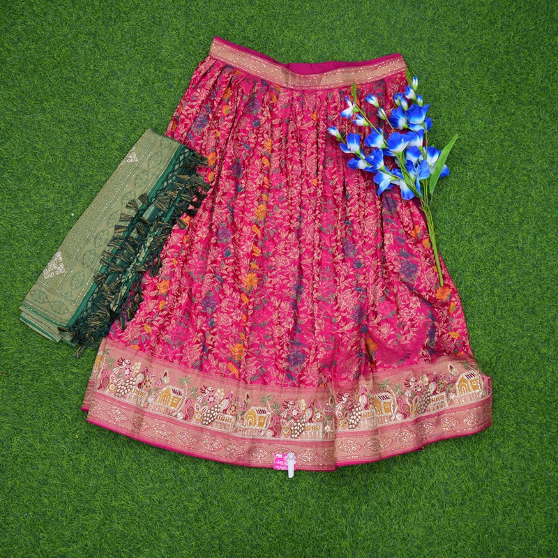 Rani Pink and Olive Green Color Peacock Motifs Traditional Half Saree