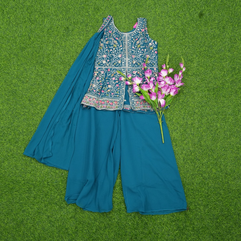 Teal Blue Color Georgette Floral Embroidered Designer Sharara Set