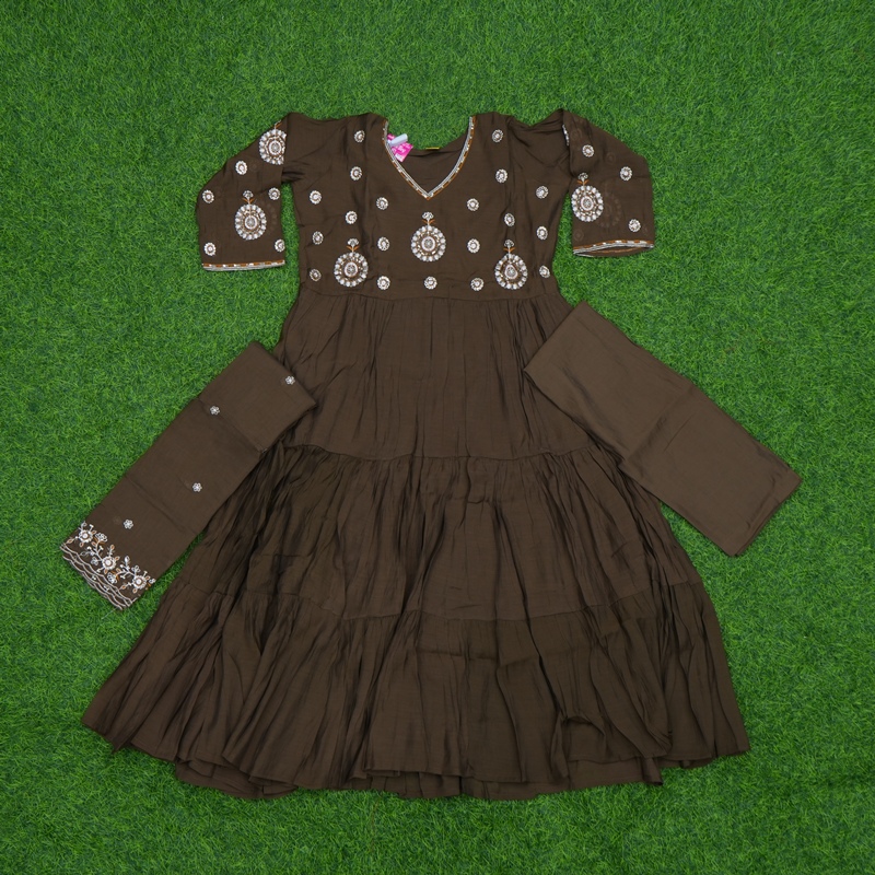 Brown Color Traditional Thread Embroidered Anarkali 3-Piece Designer Dress