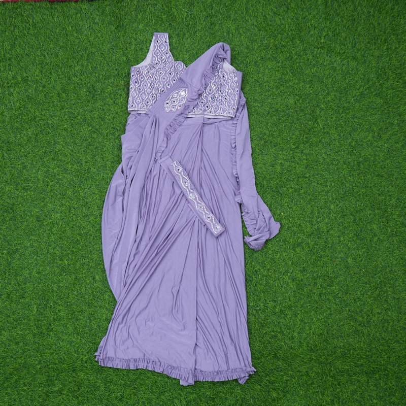 Lavender Color Ready-to-Wear Indo-Western Saree With Embroidered Blouse