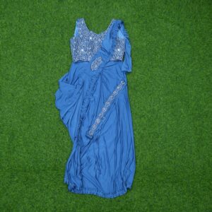 16 2480 Blue Color Ready-to-Wear Indo-Western Saree With Embroidered Blouse