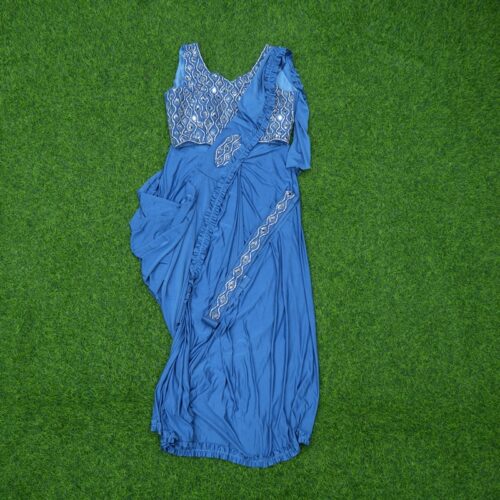 Blue Color Ready-to-Wear Indo-Western Saree With Embroidered Blouse