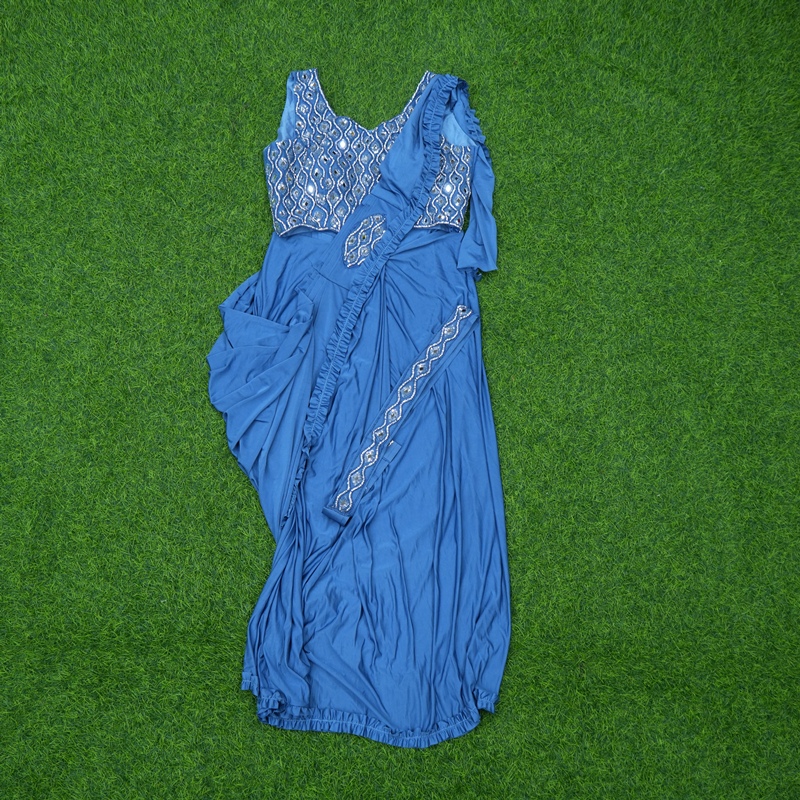 Blue Color Ready-to-Wear Indo-Western Saree With Embroidered Blouse