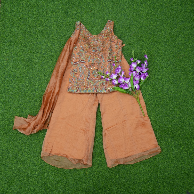 Peach Color Georgette Floral Heavy Embroidered Designer Sharara Set