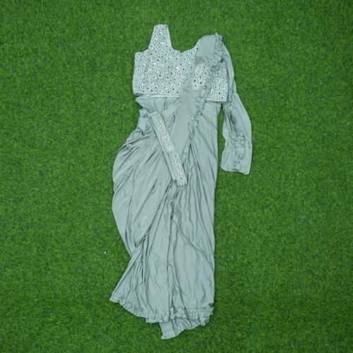 Pista Green Color Ready-to-Wear Indo-Western Saree With Embroidered Blouse
