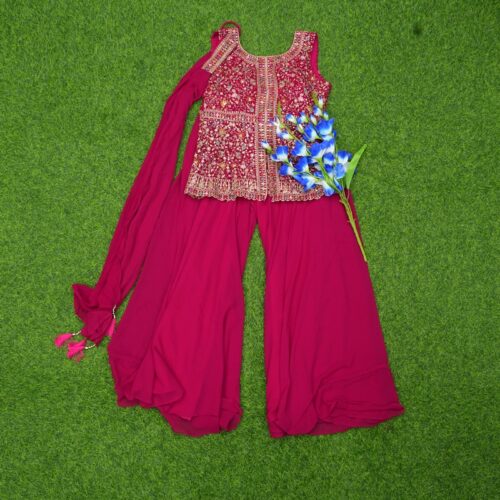 Rani Pink Color Georgette Floral Embroidered Designer Sharara Set