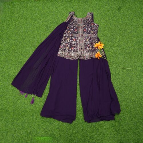 Purple Color Georgette Floral Embroidered Designer Sharara Set