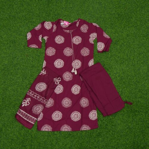 Wine Color Mandala Block Print 3-Piece Designer Dress