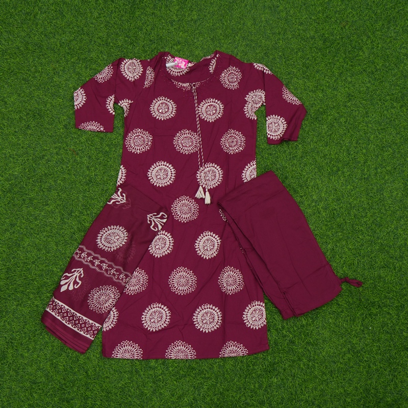 Wine Color Mandala Block Print 3-Piece Designer Dress
