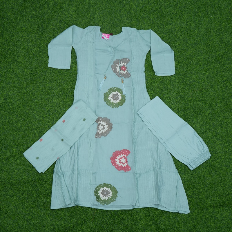 Sea Green Color Mul Chanderi floral Embroidered 3-Piece Designer Dress