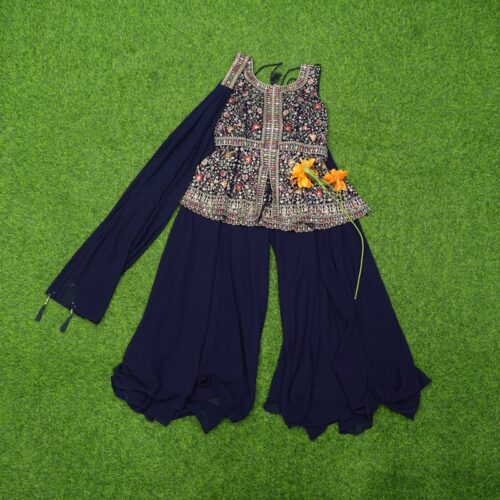 Navy Blue Color Georgette Floral Embroidered Designer Sharara Set