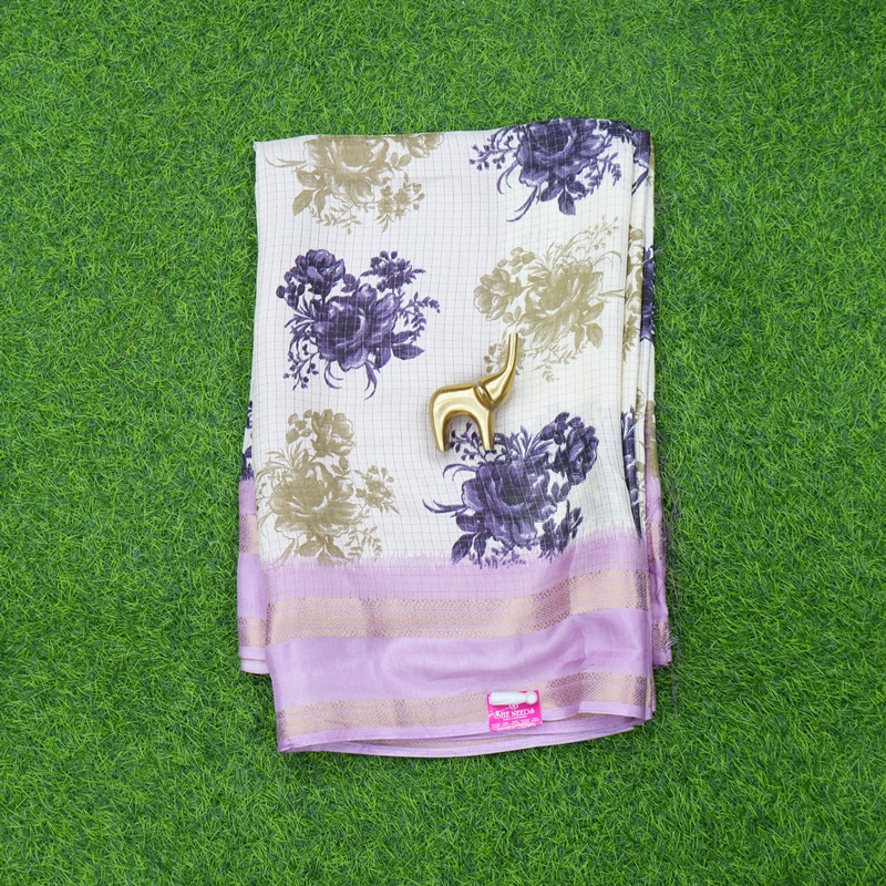 Cream and Lavender Color Floral Printed Silk Saree