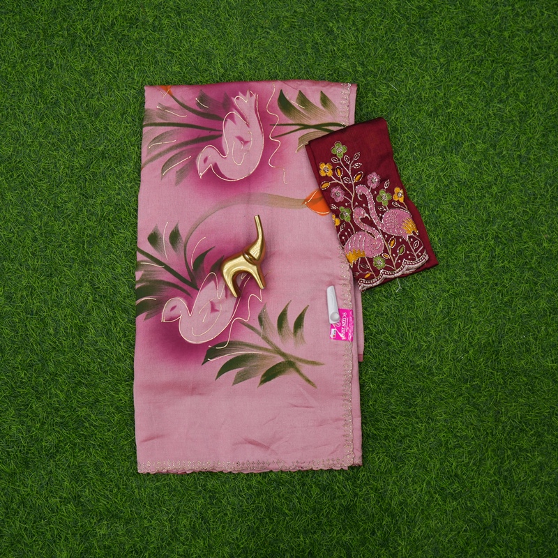Pink Color Embroidered Blouse and Georgette Swan Motif Fancy Saree