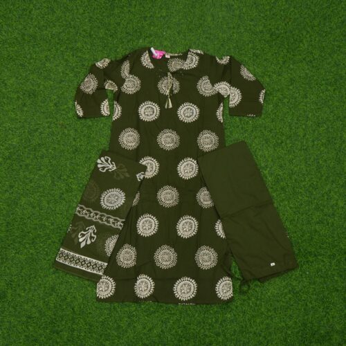 Mehndi Green Color Mandala Block Print 3-Piece Designer Dress