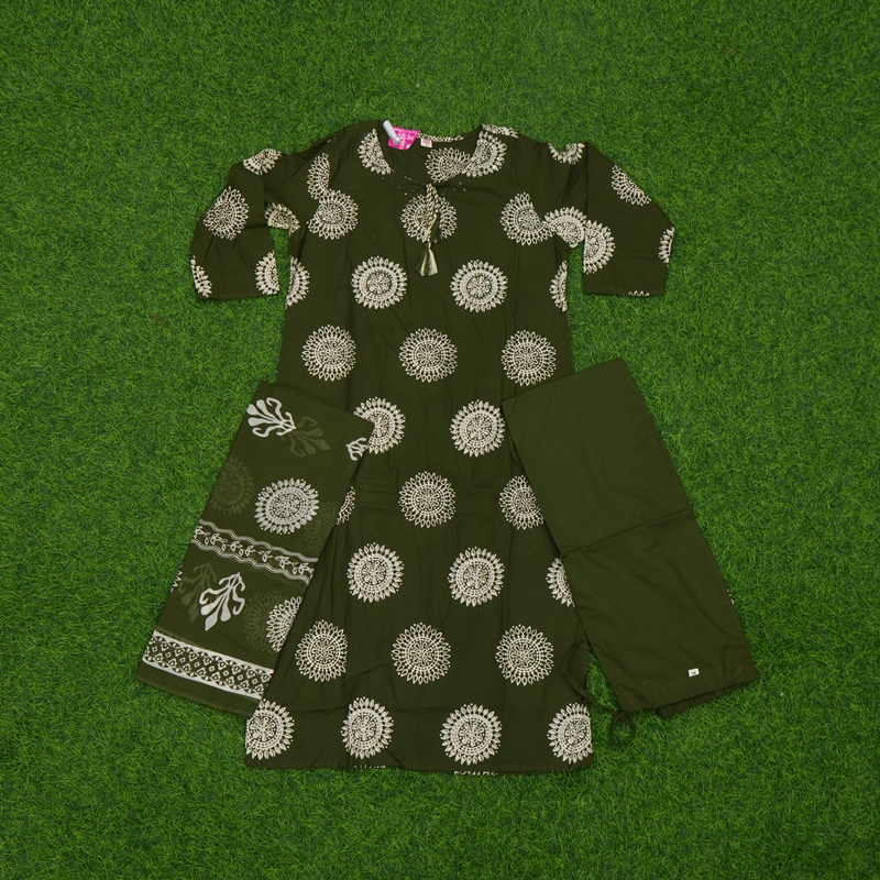 Mehndi Green Color Mandala Block Print 3-Piece Designer Dress