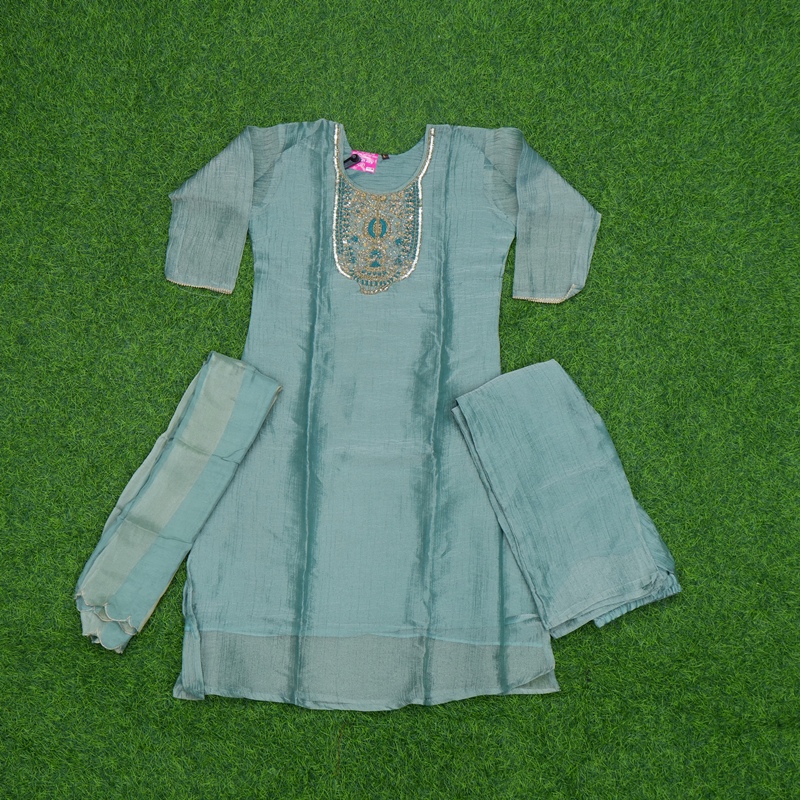 Sea Green Color Tissue Silk Embroidered 3-Piece Designer Dress