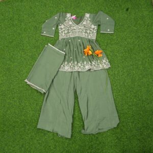 Olive Green Color White Floral Embroidered Designer Sharara Set
