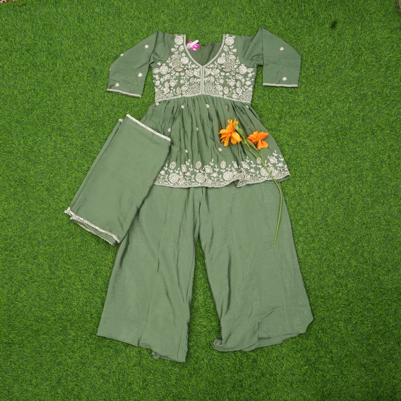Olive Green Color White Floral Embroidered Designer Sharara Set