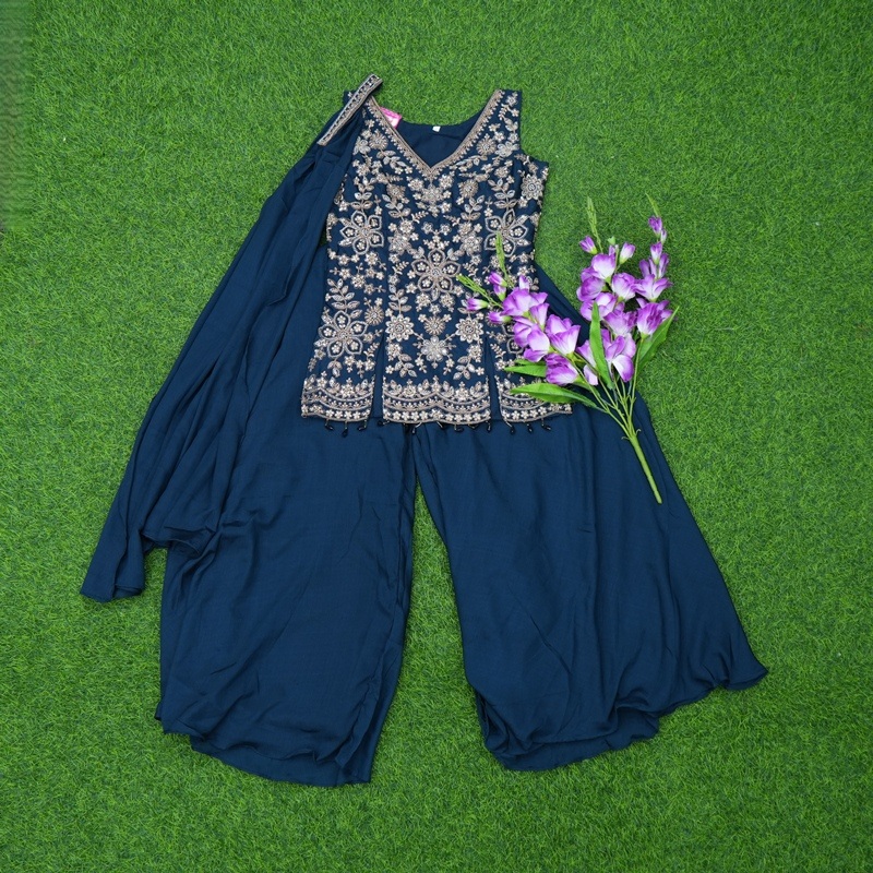 Navy Blue Color Georgette Floral Embroidered Designer Sharara Set