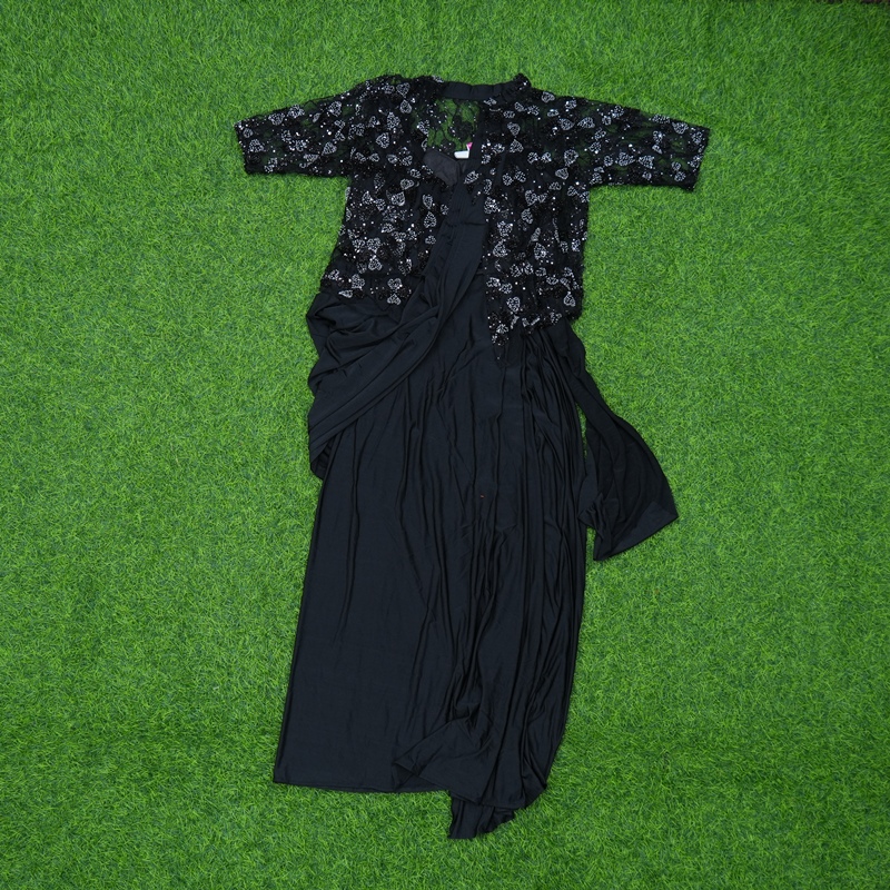 Black Color Ready-to-Wear Indo-Western Saree with Embroidered Jacket