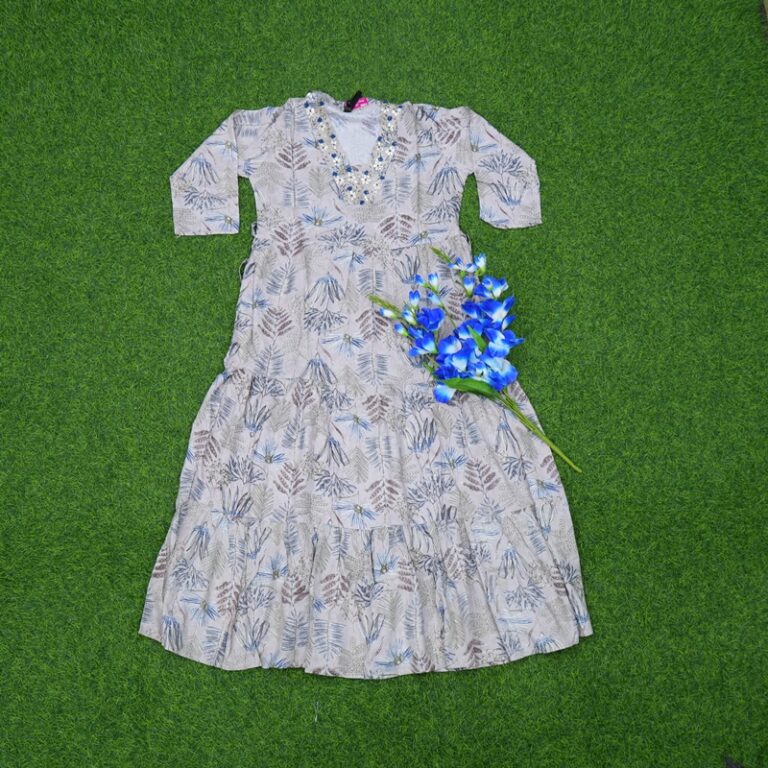 Grey Color Floral and Foliage Print Embroidered Long Frock