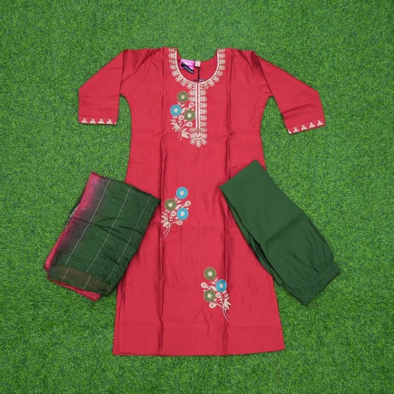 Maroon and Dark Green Color Floral Embroidered 3-Piece Designer Dress