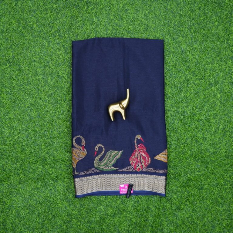 Navy Blue Color Swan Printed Border Georgette Saree